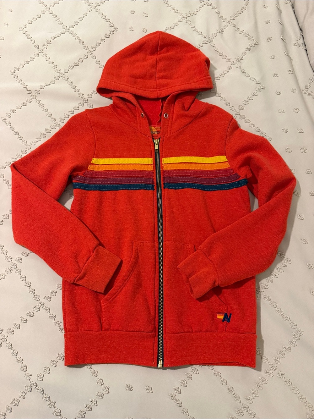 Aviator Nation Orange Zip-Up Hoodie with Rainbow Stripe